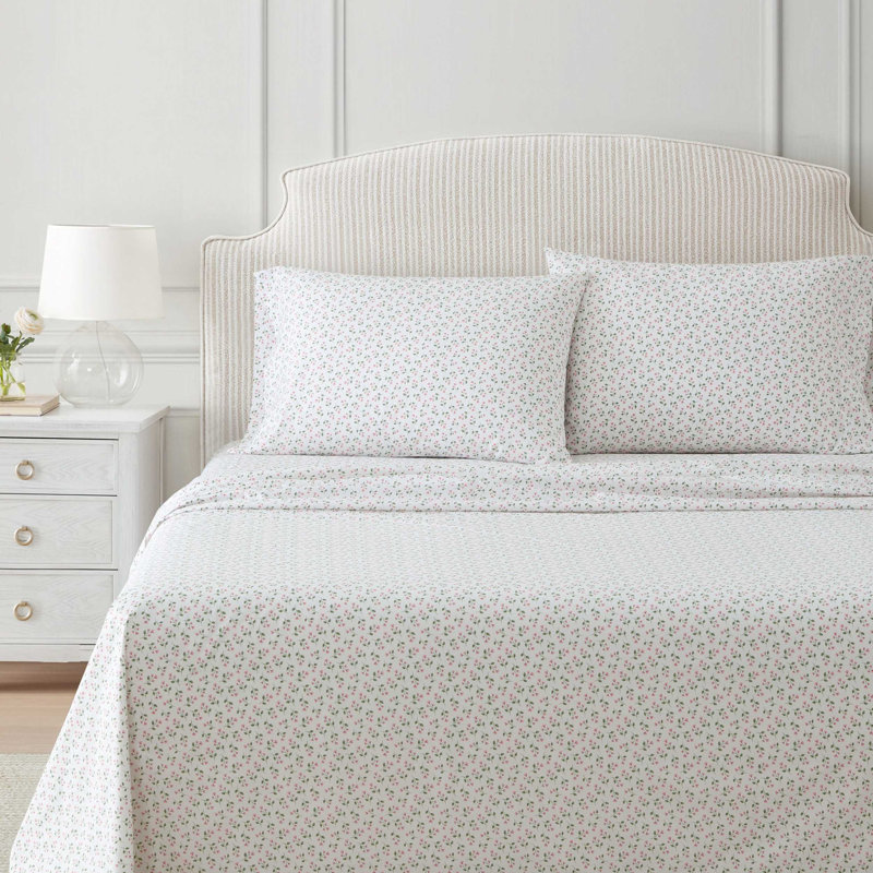 Martha Stewart Cotton Percale  Sheet Set, Full  Sheet Set with 2 Pillowcases, Kennedy Floral Pink