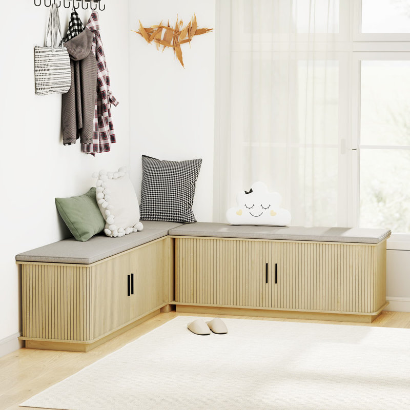 Banc de rangement en L avec porte coulissante, banc de rangement en coin, banc de coin-repas cannelé pour salle à manger, cuisine
