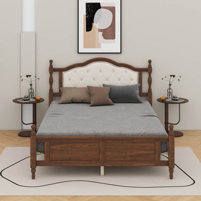 Grand lit en bois de pin avec tête de lit tapissier et pied de lit à panneau