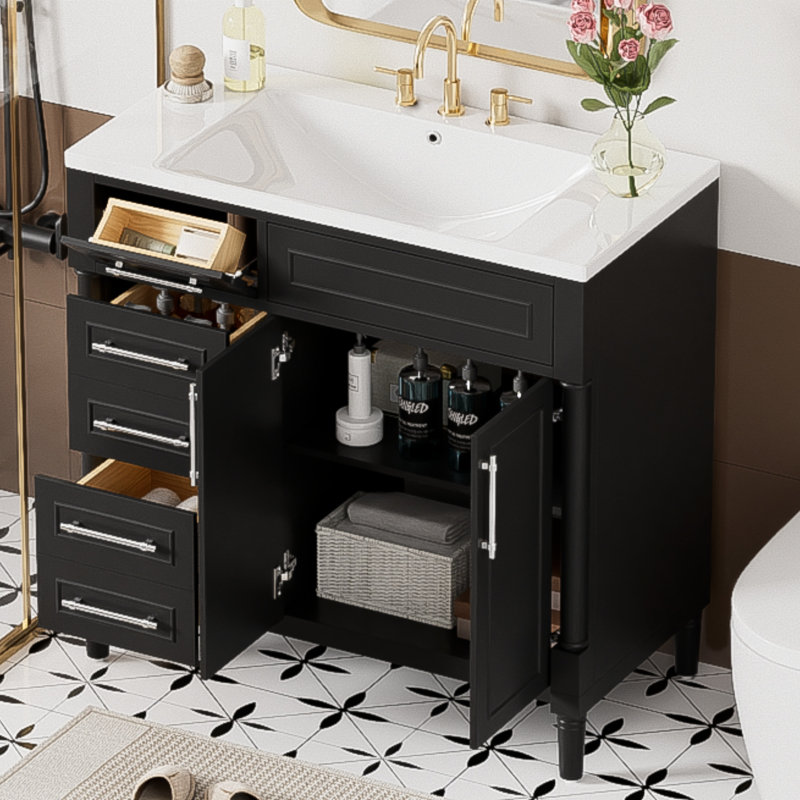 Meuble-lavabo de 36 po avec lavabo en résine supérieur, armoire de rangement autoportante avec 2 tiroirs et un tiroir basculant, ensemble de meuble-lavabo avec cadre en bois massif, tablette à hauteur réglable