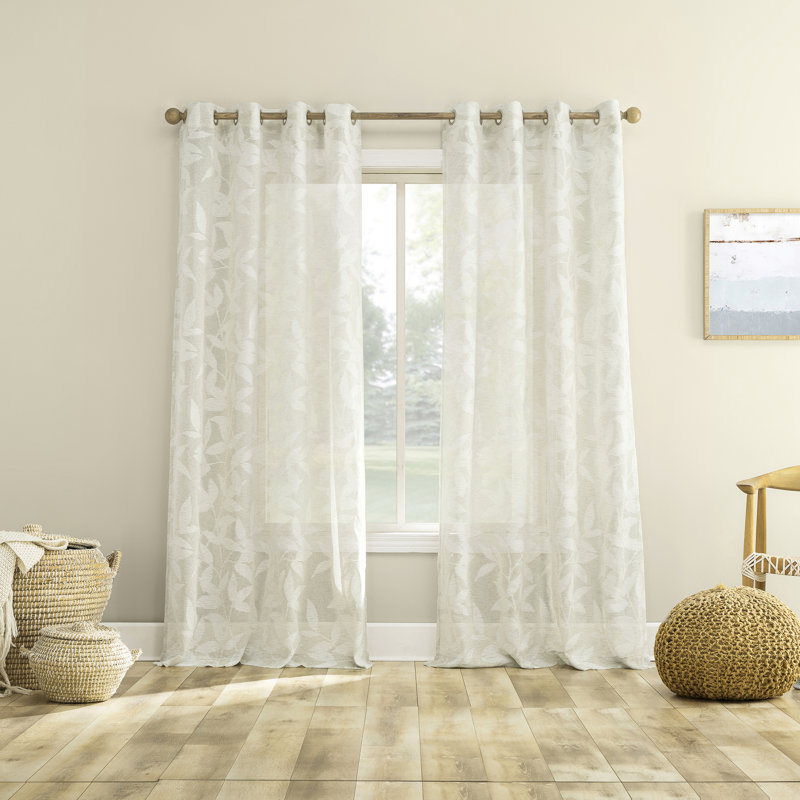 Nadia Textured Botanical Semi-Sheer Grommet Curtain Panel, Ivory, 52" W x 63" L