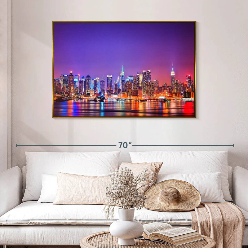 New York, la nuit, 46 po x 31 po, Cadre flottant doré