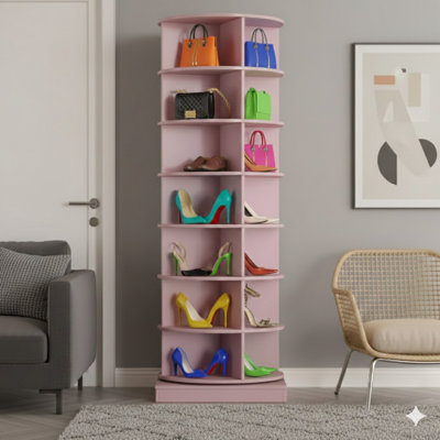 NOUVEAU carrousel à chaussures rotatif à 360 degrés en rose avec sept niveaux, capacité pour jusqu'à 28 paires de chaussures