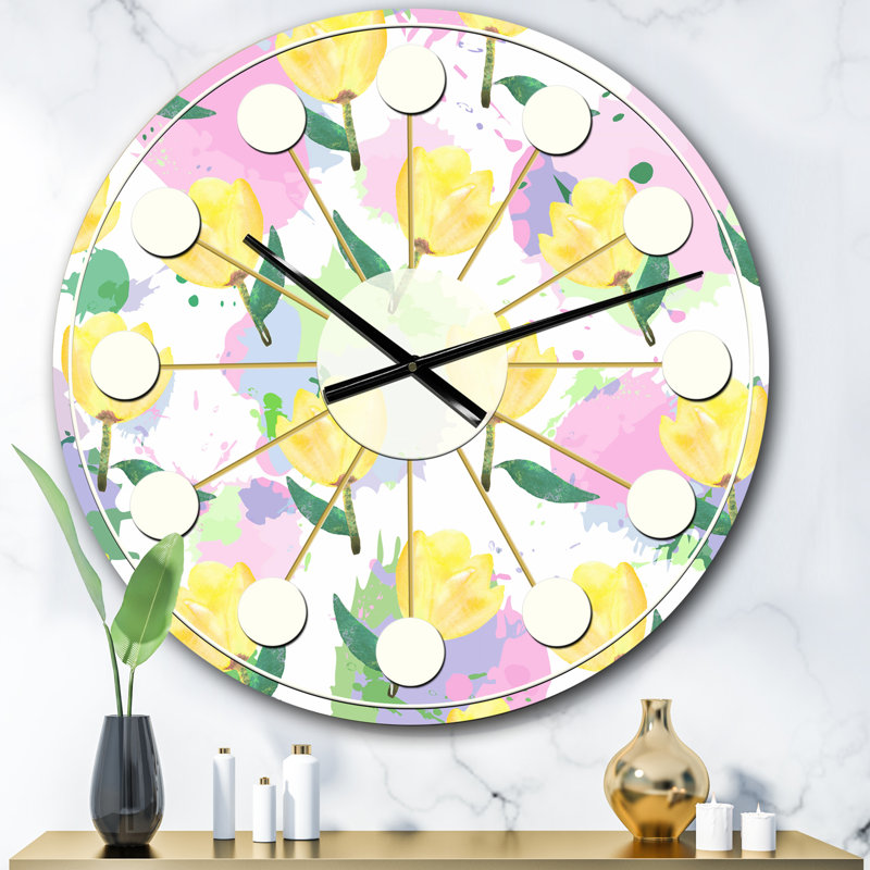 Motif floral avec fleurs - Horloge murale moderne Mid-Century, Petit