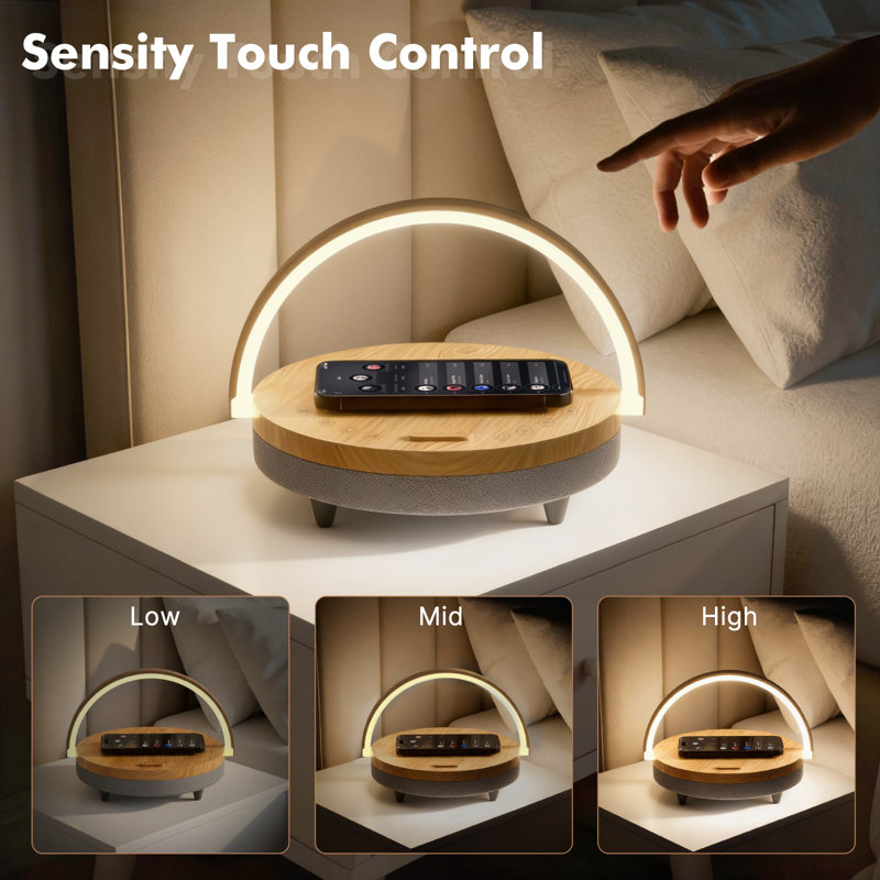 6-in-1 Bedside Lamp with Wireless Charging, Touch Dimmable Light, Bluetooth Speaker & White Noise, Natural Wood Grain