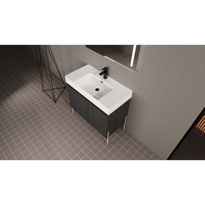 Meuble-lavabo autoportant avec lavabo double en résine, armoire de rangement avec portes à fermeture douce