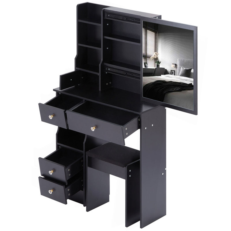 Petit meuble-lavabo de 29,2 po avec tabouret de bureau et tabouret rembourré, très grand miroir coulissant à droite, rangement multicouche à grande capacité, commode pratique et pratique, convient aux petits espaces
