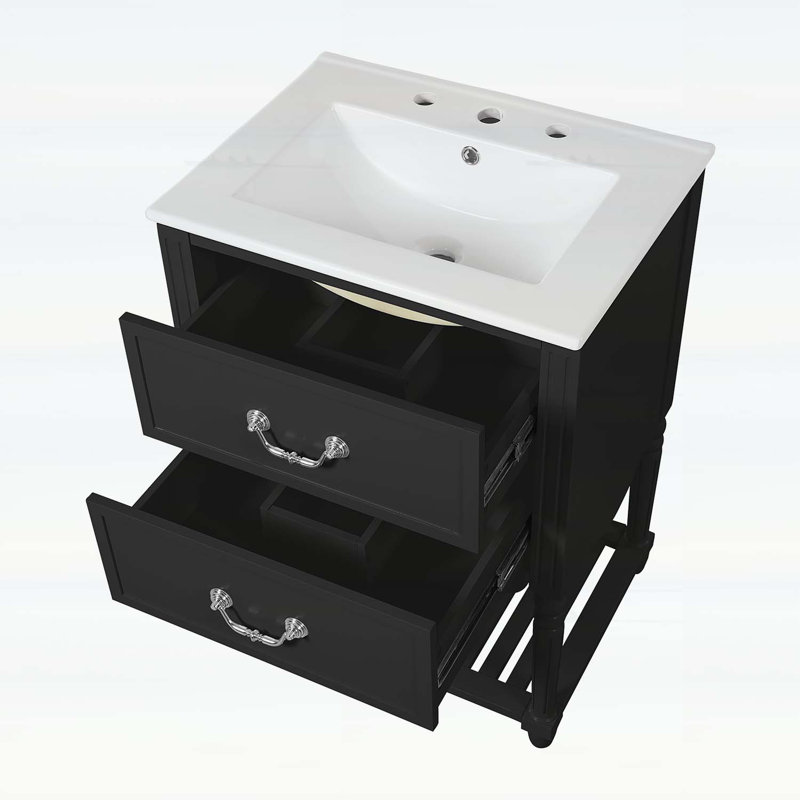 24'' Bathroom Vanity with Ceramic Sink,Two Soft-Close Drawers,Open Shelf, Black