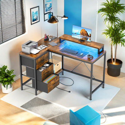 L Shaped Desk With Power Outlets & Led Lights, Corner Desk Computer Desk Gaming Desk For Home Office