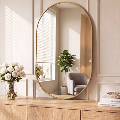 Aluminum Frame Oval Wall Mirror, Modern Pill Shaped Vanity Mirror, Minimalist Bathroom Mirror
