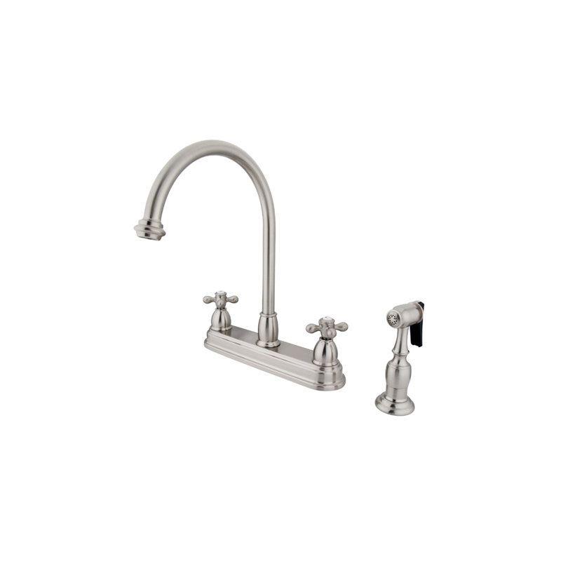 Kingston Brass Vintage Two-Handle 4-Hole 8" Centerset Kitchen Faucet with Side Sprayer, Brushed Nickel, Knob/Cross handle