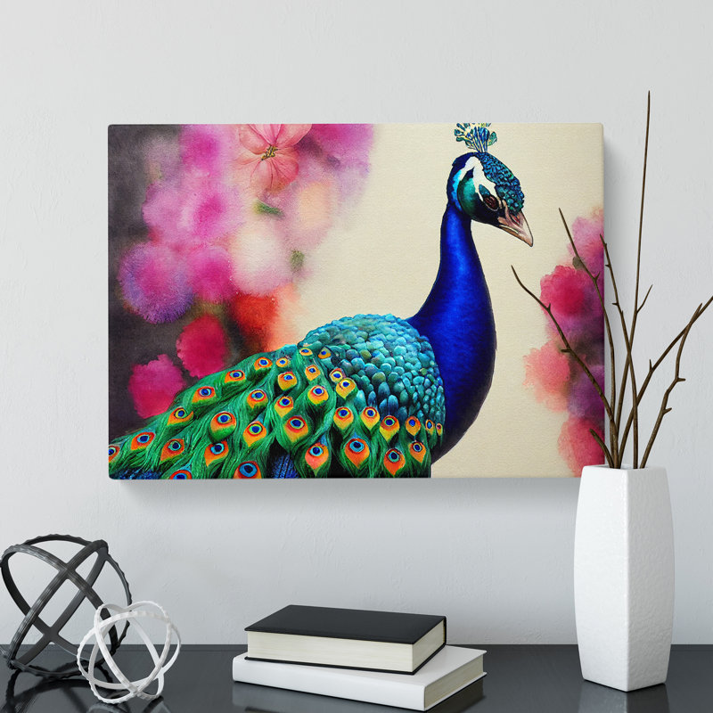 Peacock Watercolour - Wrapped Canvas Print, 40cm H x 60cm W x 3cm D