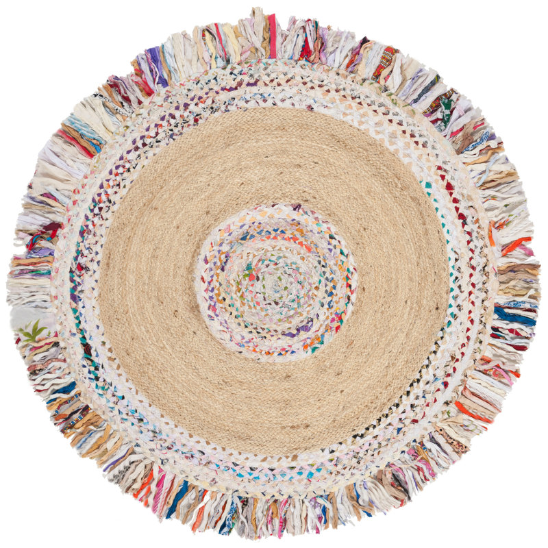 Tapis en jute / coton tissé à la main Abhay beige clair / ivoire, Rond 5 pi