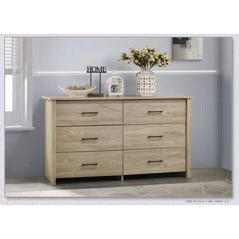 Commode 6 tiroirs 57 po avec poignées, Chêne clair