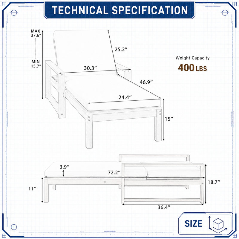 Chaise longue inclinable d'extérieur réglable à 5 positions avec coussin en mousse moelleuse, siège de patio résistant aux intempéries