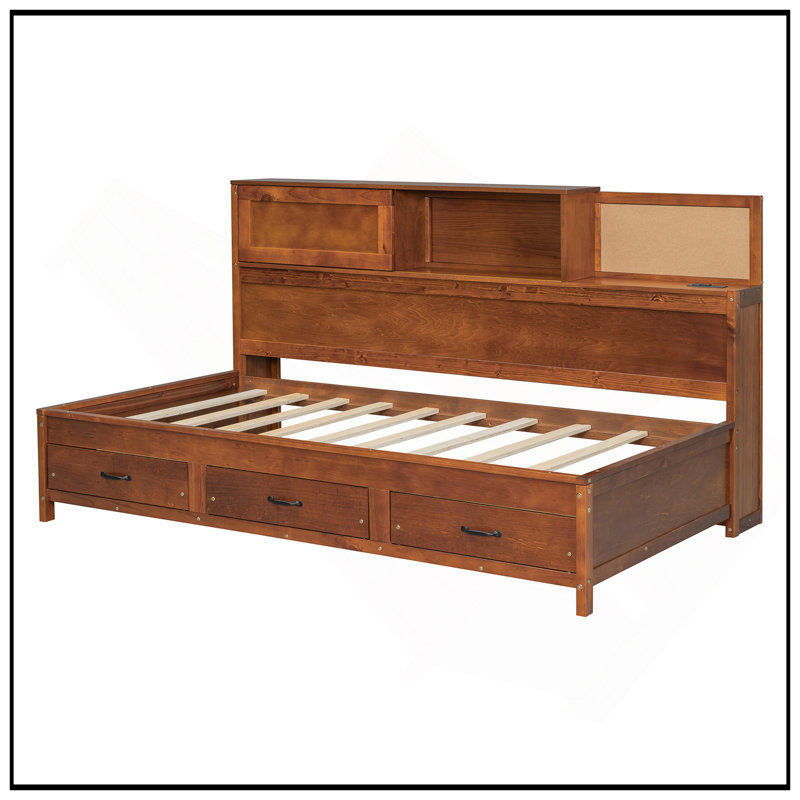 Wooden Daybed With 3 Storage Drawers, Upper Soft Board, Shelf, And Integrated Sockets And USB Ports For Modern Living, Walnut