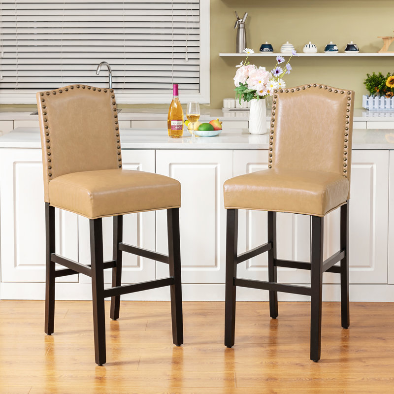 Tabouret de bar en cuir reconstitué avec dossier haut, Beige