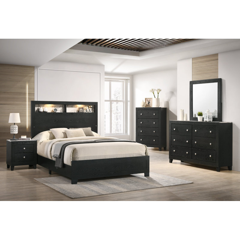 Ensemble de chambre à coucher à panneau noir spécial Jazbel 3 pièces: lit, 2 tables de chevet, Très grand lit