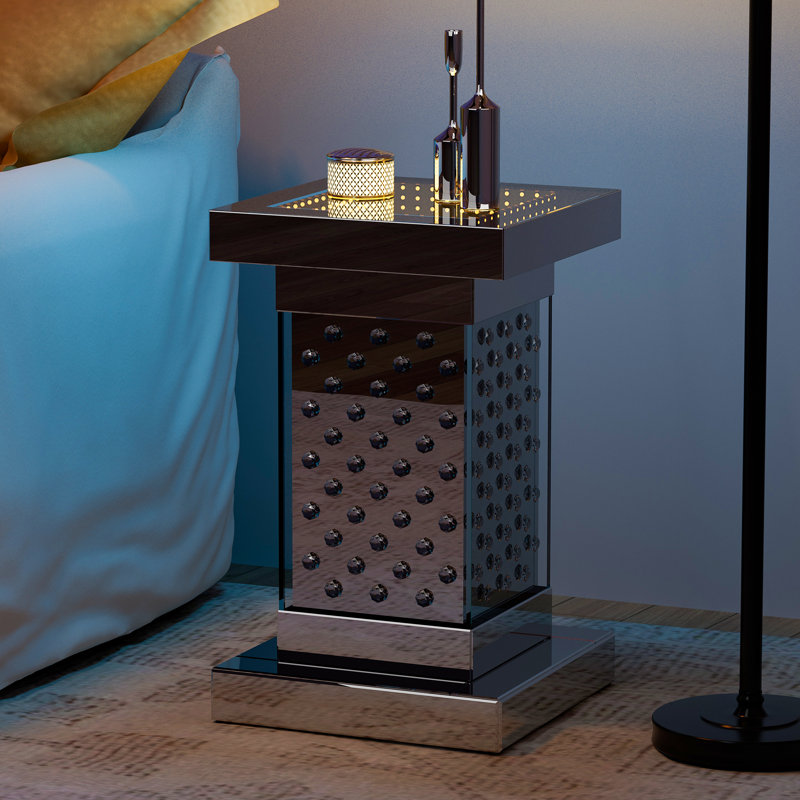 Mirrored End Table With Led, Modern Side Table Nightstand With Crystal Inlay, Silver Nightstand With Remote Control For Living Room, Bedroom And Office