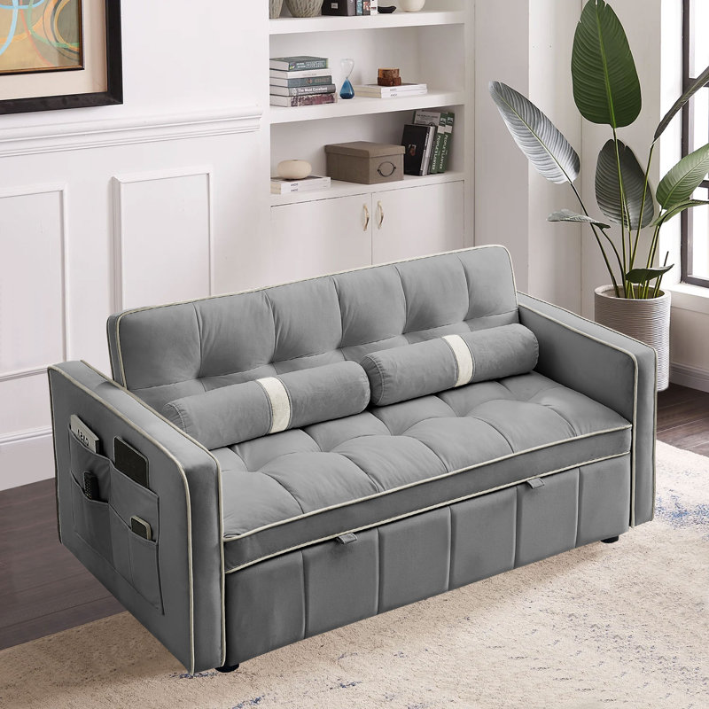 Pull out Sleep Sofa Bed 2 Seater Loveseats Sofa Couch with Side Pockets, Gray Velvet