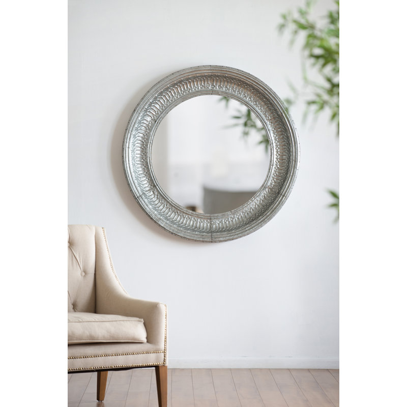 Antique Gray 46" Round Wall Mirror with Embossed Metal Frame