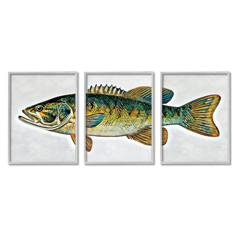 Lake House Bass Fish Wildlife 3 Piece Gray Framed Giclee Art Set by Ashley Aldridge, 30" H x 72" W x 1.5" D