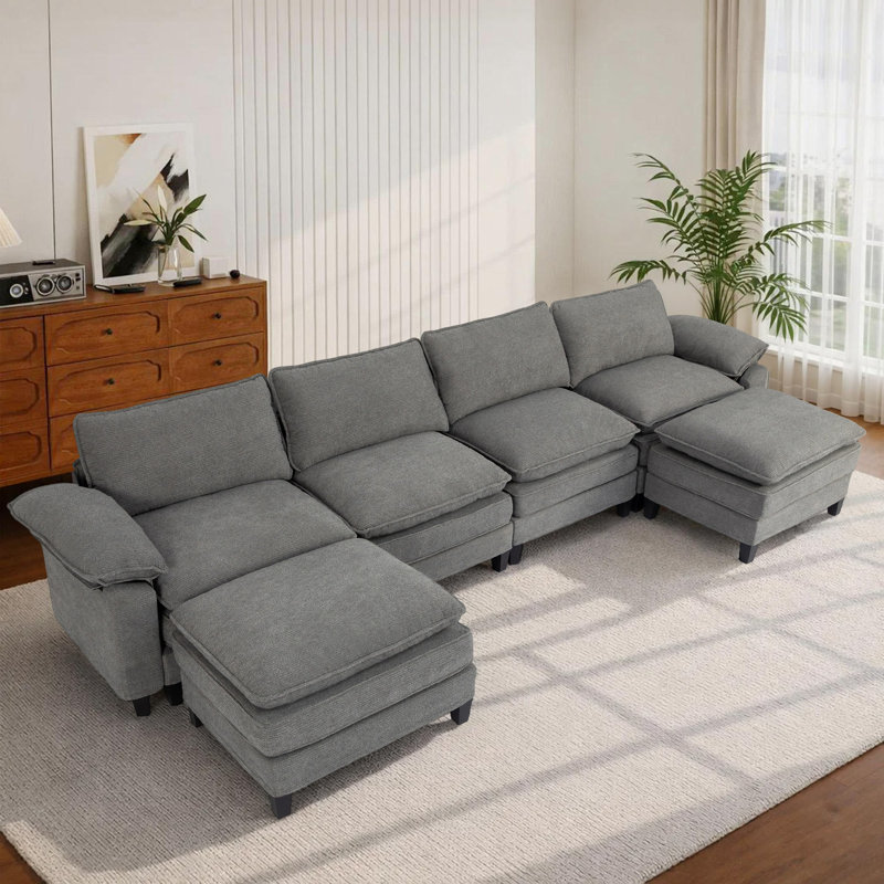 Canapé d'angle rembourré avec 2 repose-pieds, Chenille gris pâle, H 37,4 po x l 146,5 po x P 61 po
