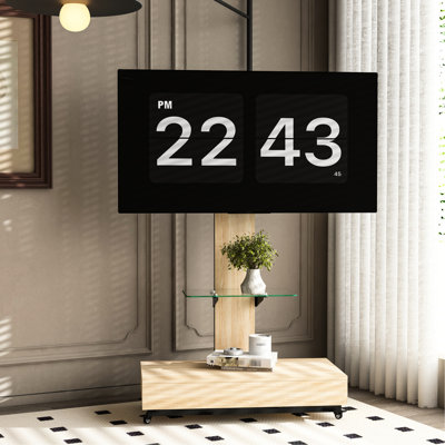 Chariot mobile pour téléviseur de 32 à 75 pouces, support en bois et verre à hauteur réglable avec tiroir, salon, chambre à coucher, bureaux, hauteur de montage compatible, roues et mouvement fluide idéal