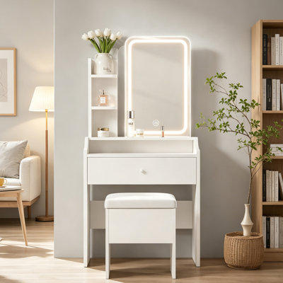 L'ensemble de meuble-lavabo blanc comprend un miroir à DEL intelligent, une table de maquillage pour femme avec rangement; convient aux chambres à coucher, aux salons, aux dortoirs, etc.