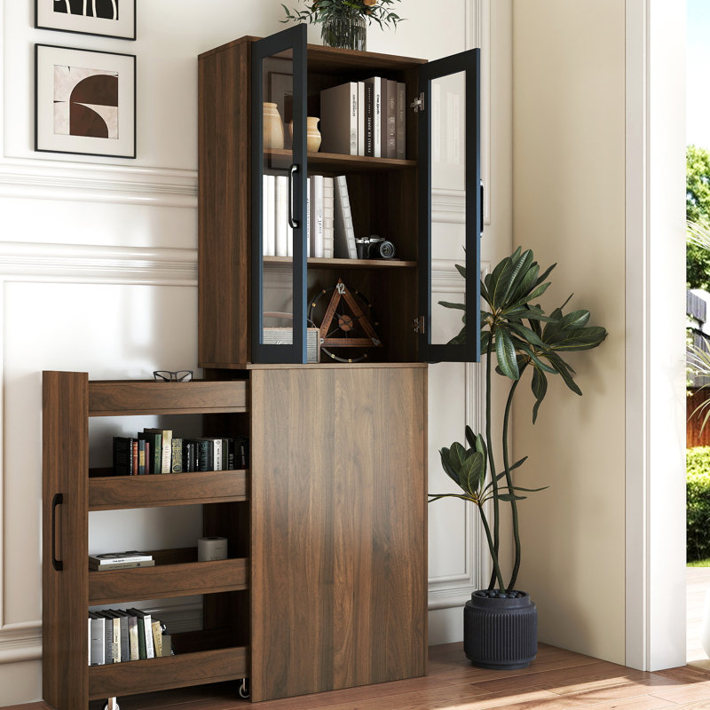 2 Glass Doors 72.08" H 4 Tier Multi-Functional Pull-Out Display Cabinet For Salon Store And Kitchen Storage Doors, H, Tier, Pull-Out, Cabinet, Kitchen, Dinning Room, Office