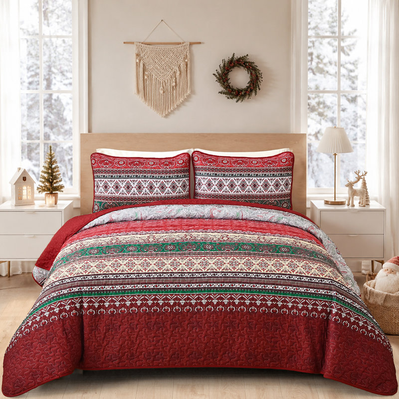 Ensemble de 3 courtepointe Boho Bohemian, Courtepointe très grand et 2 très grandes taies, Rouge