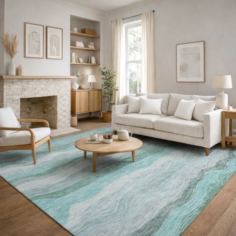 Premium Machine Washable Mayfield AMF2397 Striped Rug, Teal, 5' x 7'6"