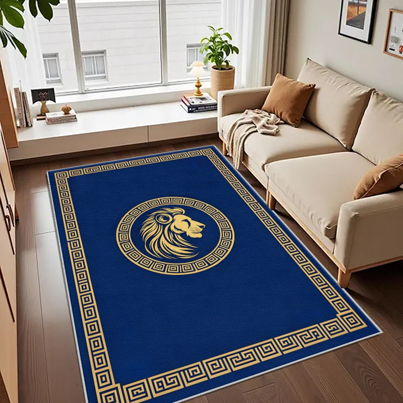 Navy Blue Golden Lion Carpet-waterproof, easy to clean, machine-washable, soft and comfortable; suitable for door mats, kitchens, living rooms, bedrooms, corridors, and laundry areas. Easy to clean, durable carpet for home decoration.