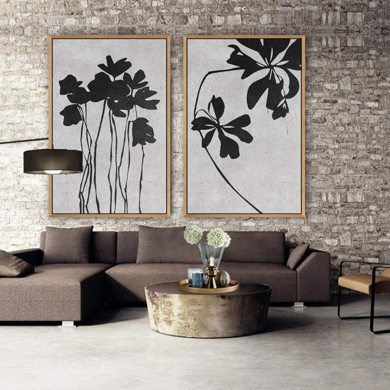 "Fleurs noires et blanches" 2 pièces, Naturel, H 24 po x l 16 po