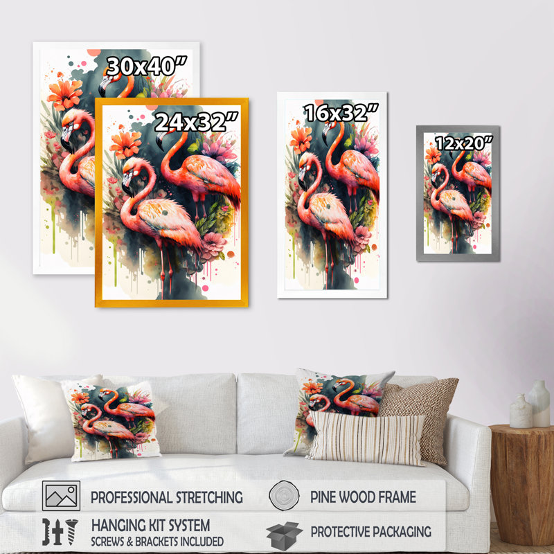Mignon flamants roses - Peinture sur toile, Cadre photo noir, H 20 po x l 12 po x P 1 po