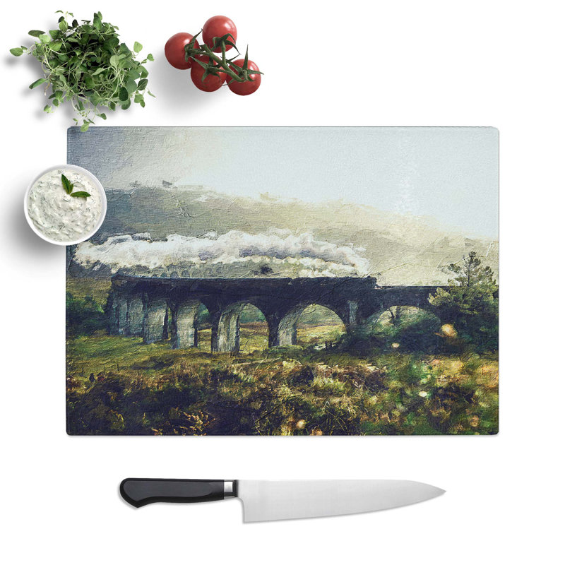 Tempered Glass Steam Train over Glenfinnan Viaduct Chopping Board, 39 cm W x 28.5 cm L