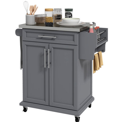 HOMCOM Kitchen Island On Wheels, Rolling Kitchen Cart With Stainless Steel Countertop, Drawer, Towel Rack And Spice Rack, Utility Storage Trolley,