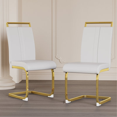 2Pcs Modern Office Dining Chairs - Pu Faux Leather High Back, Golden Plating Metal Legs, Fashionable Design, For Room, Kitchen, White Stable And Secure,