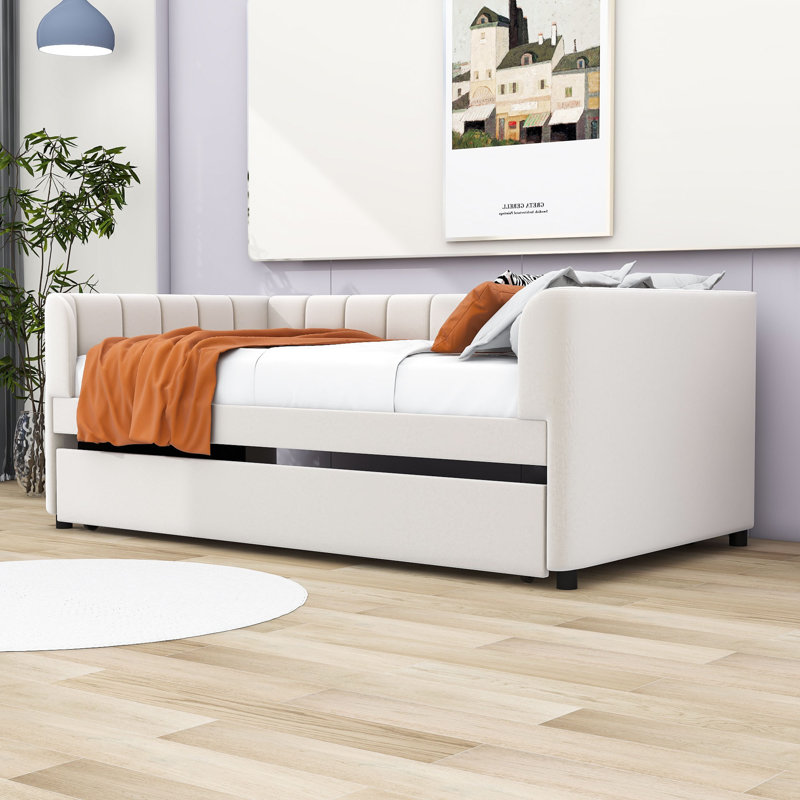 Lit de jour rembourré en velours avec lit gigogne Chelcie, Beige