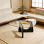 Table basse moderne triangulaire avec base en bois massif et table d'appoint en verre Triangle