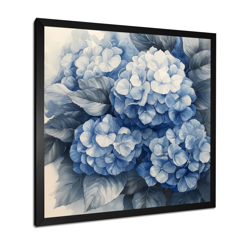 Hortensia grappe avec pétales bleus I - hydrangées, art mural, Reproduction encadrée d'une seule photo, H 16 po x l 16 po
