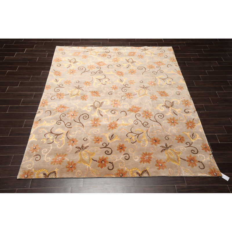 Tapis beige noué à la main de conception unique 8 pi x 9 pi 7 po Hasmik