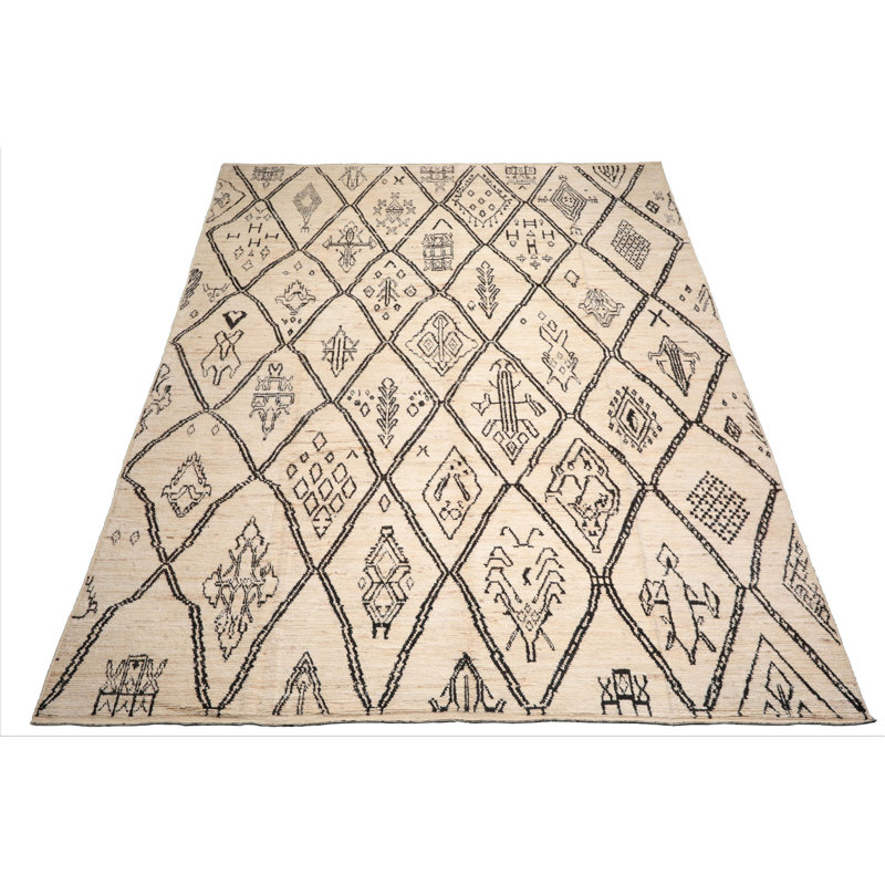 Tapis tribal afghan marocain en laine noué à la main ivoire 10 pi 2 po x 13 pi 11 po