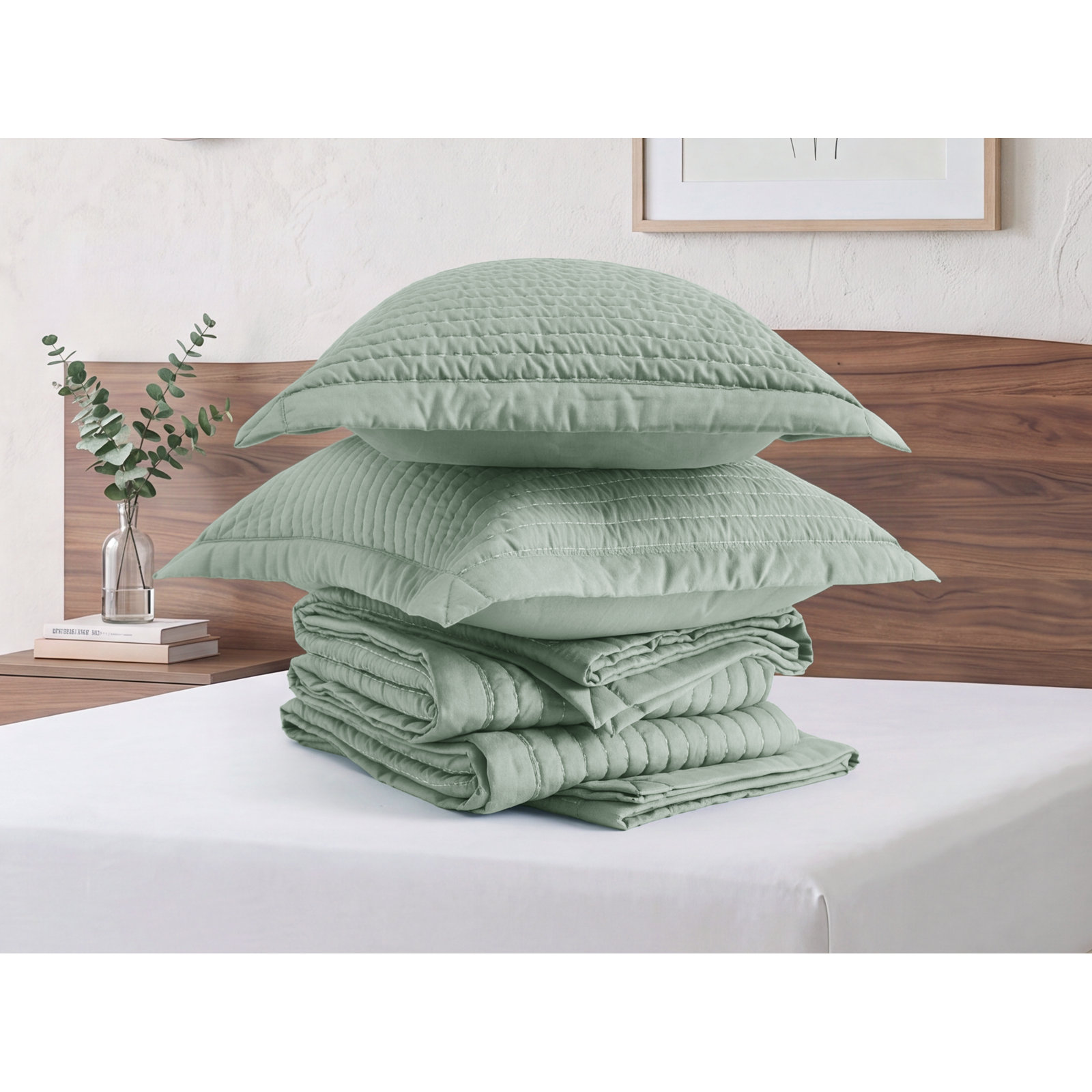  Quilts - Soft Lightweight Quilted Bedspread Coverlet with Contrast Stitching, Queen Quilt + 2 Shams, Iceberg Green