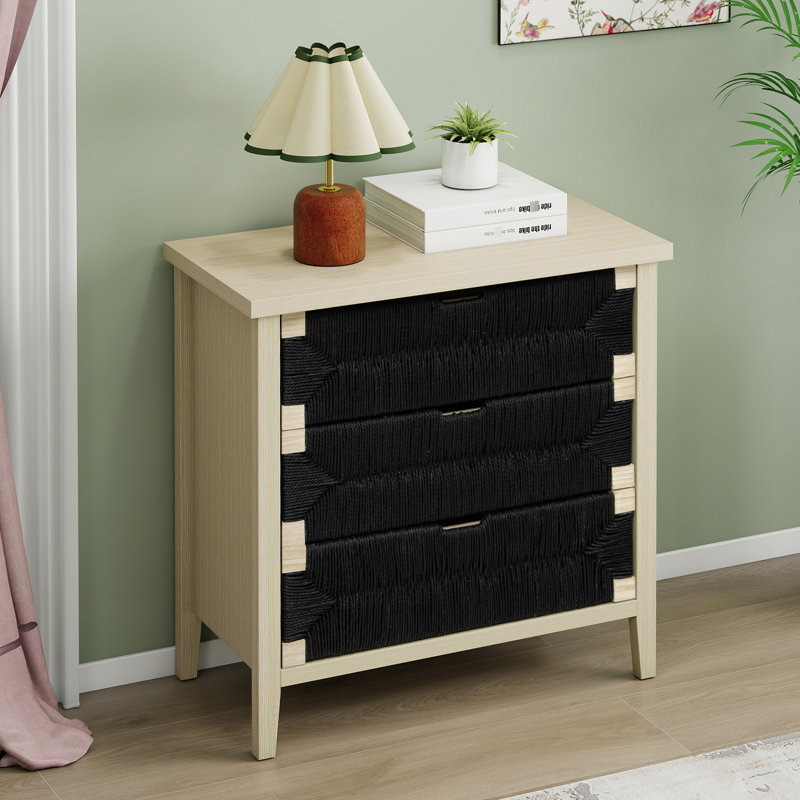 Buffet à 3 tiroirs en corde tissée à la main avec tablettes réglables pour le salon, style moderne, ton principal naturel, panneau de particules et matériau, poignées de buffet imperméables et à finition grattée