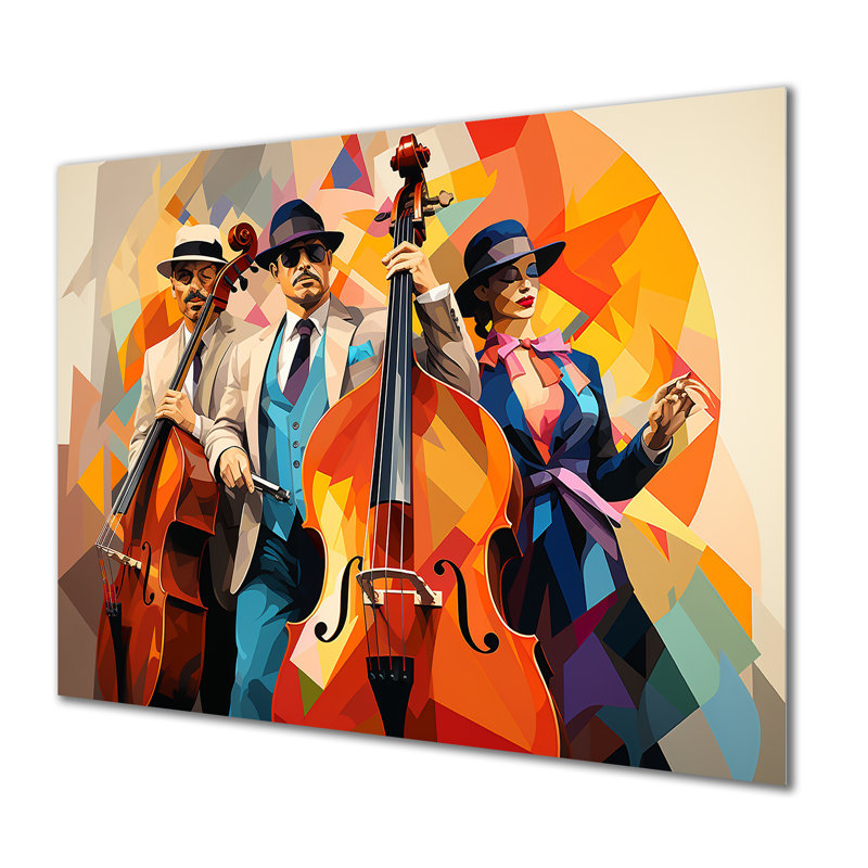 Jazz trio contrebasse et chanteur géométrique, Métal métal, H 34 po x l 44 po x P 1,5 po