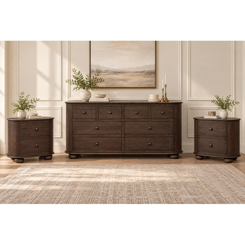Ensemble de chambre à coucher Reina avec commode assortie et deux tables de chevet, couleur brun des Appalaches
