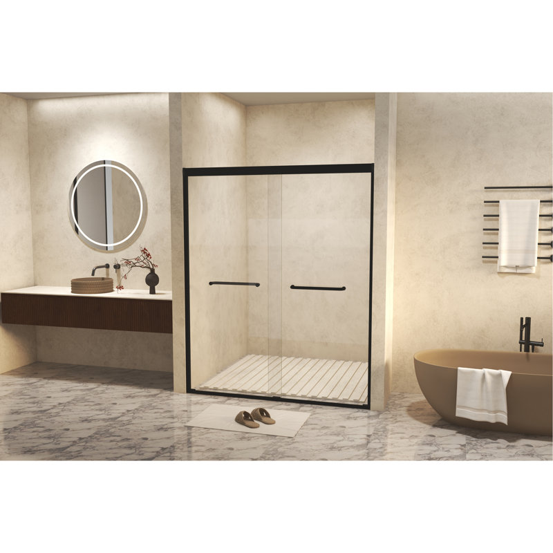 56-60 " X 72" Tempered Glass With Explosion Proof Film, Aluminum Frame Double Sliding Shower Door, "1/4 (6 Mm), Stainless Steel Handle