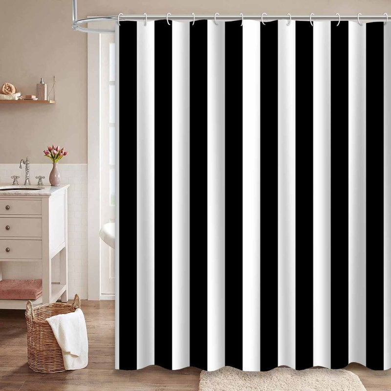 Rideau de douche rayé à lignes noires avec 12 crochets, L 72 po x l 78 po