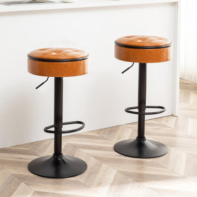 Round Storage Bar Stool Set Of 2, Khaki Faux Leather Height Adjustable Barstool, 360°Counter Height Swivel Stool, Armless Bar Chair With Metal Frame -  George Oliver, 5556BE95ED21419DB3071EC4AABEC380